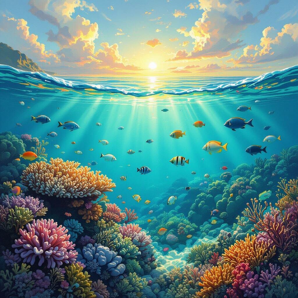 Impressionistic Coral Reef with Marine Life