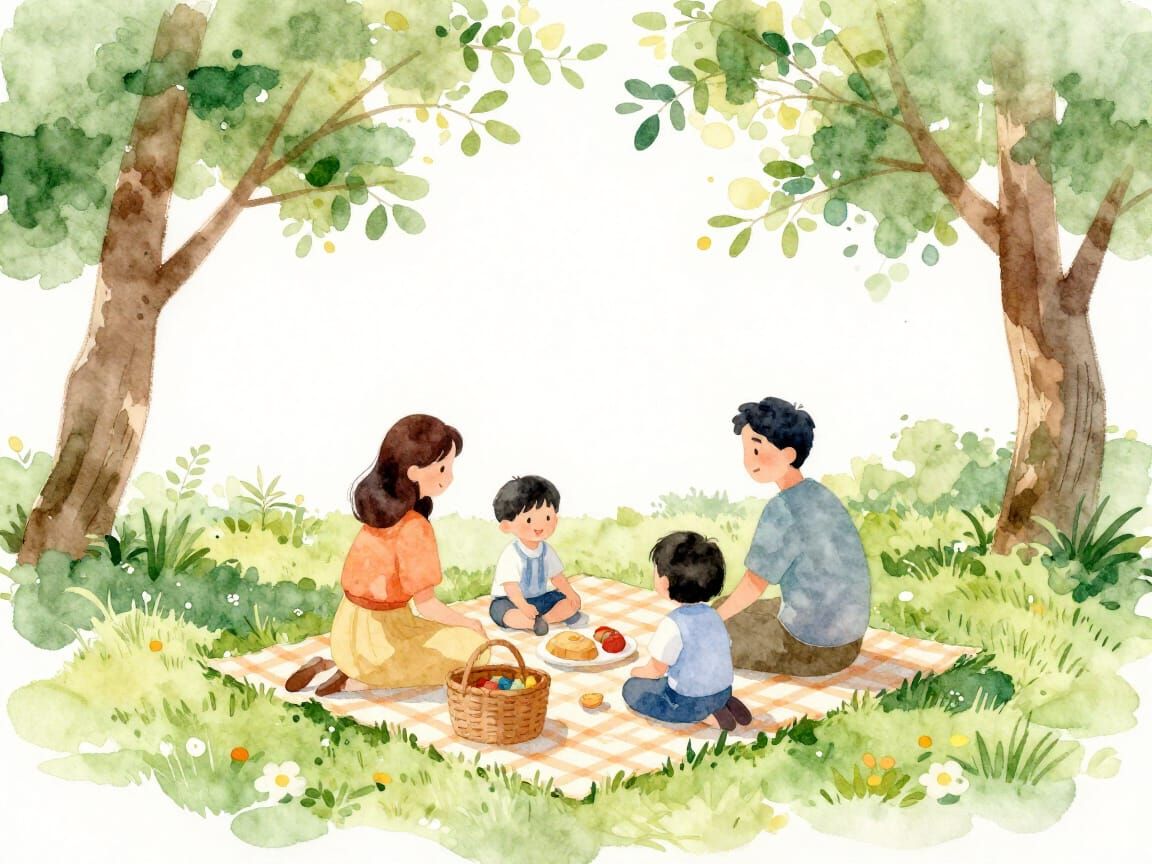 Watercolor Family Picnic in Park