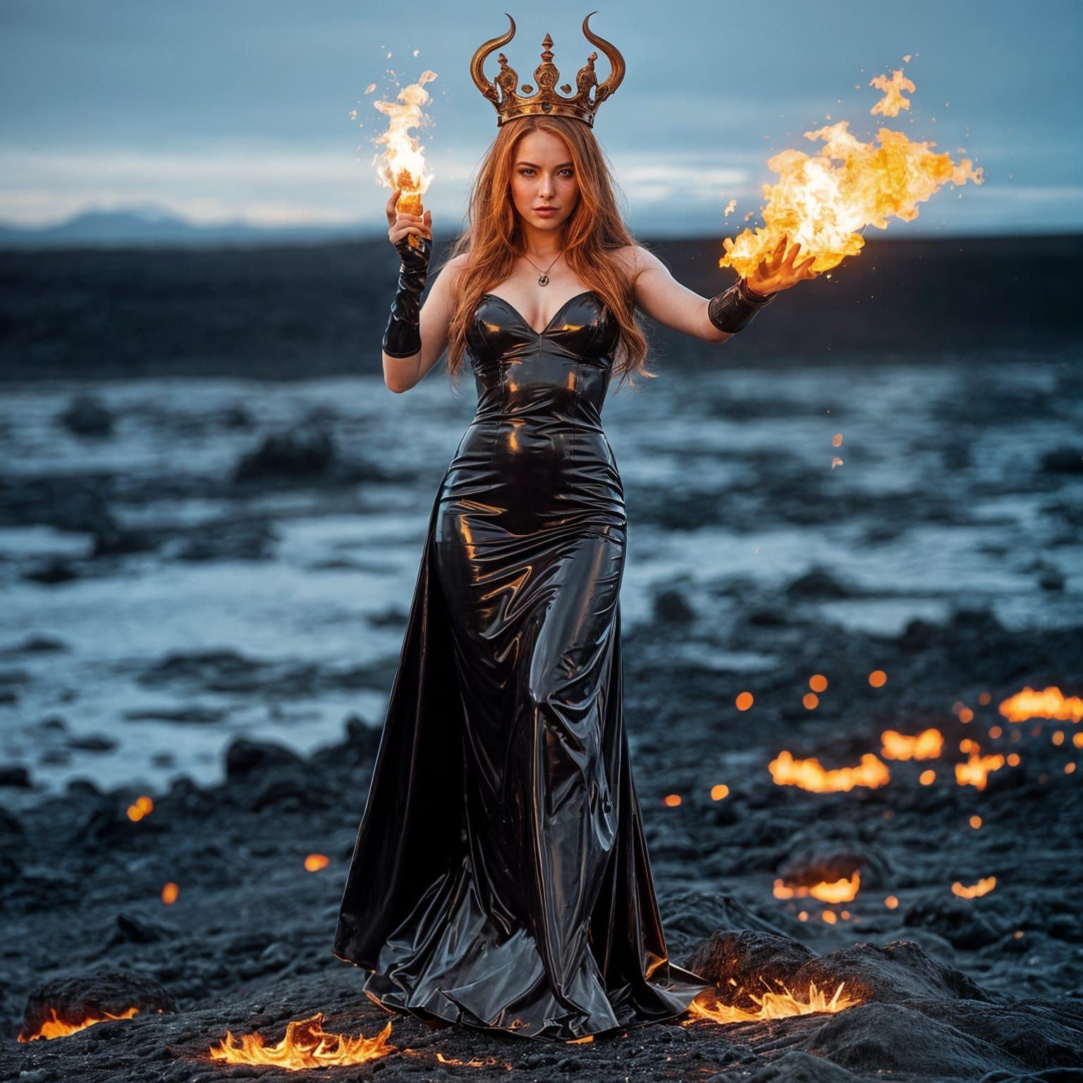 Fire Queen on Lava Throws Fire to Camera