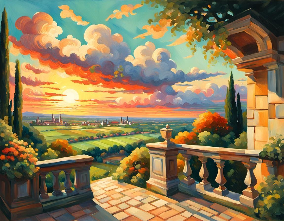 Balcony View: Impressionist Village Sunset in Gouache Style