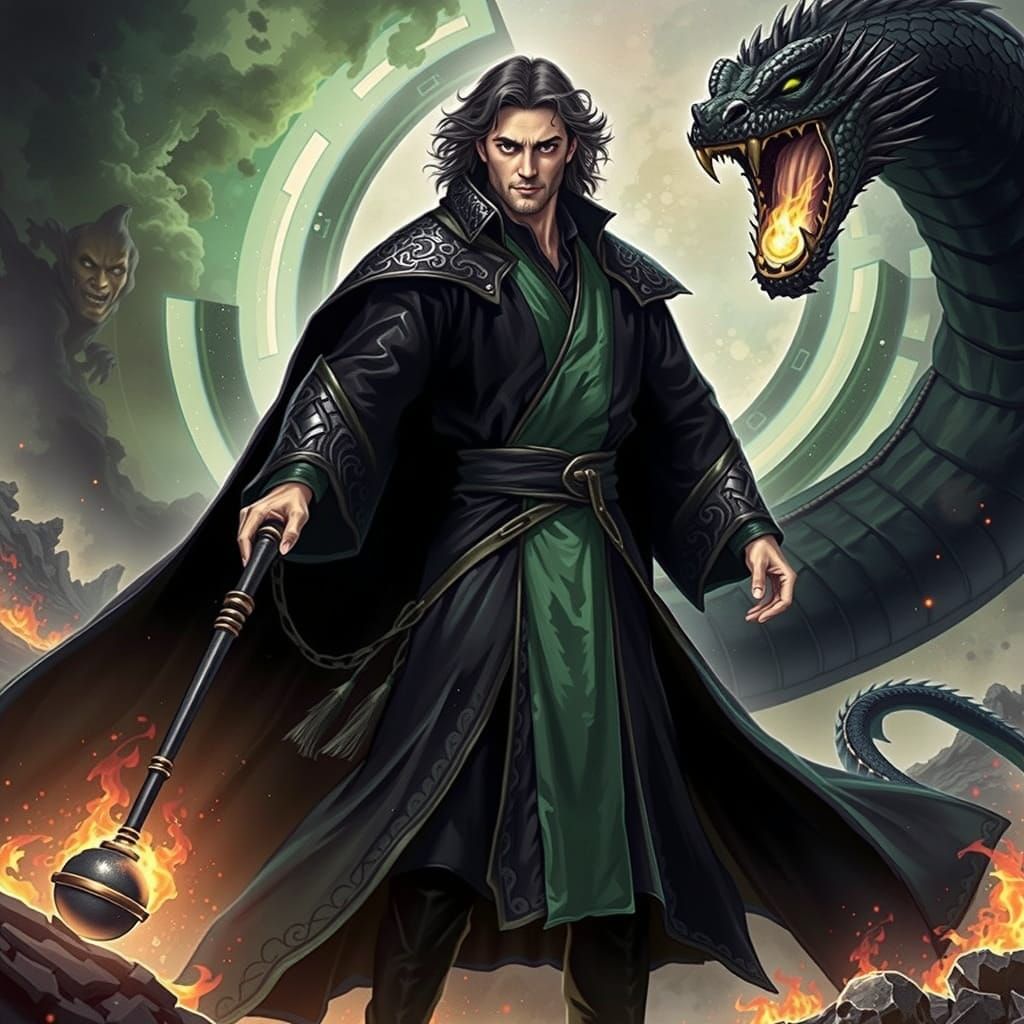 Sorcerer Conjures Majestic Black Serpent in Dark Magic Ritua...