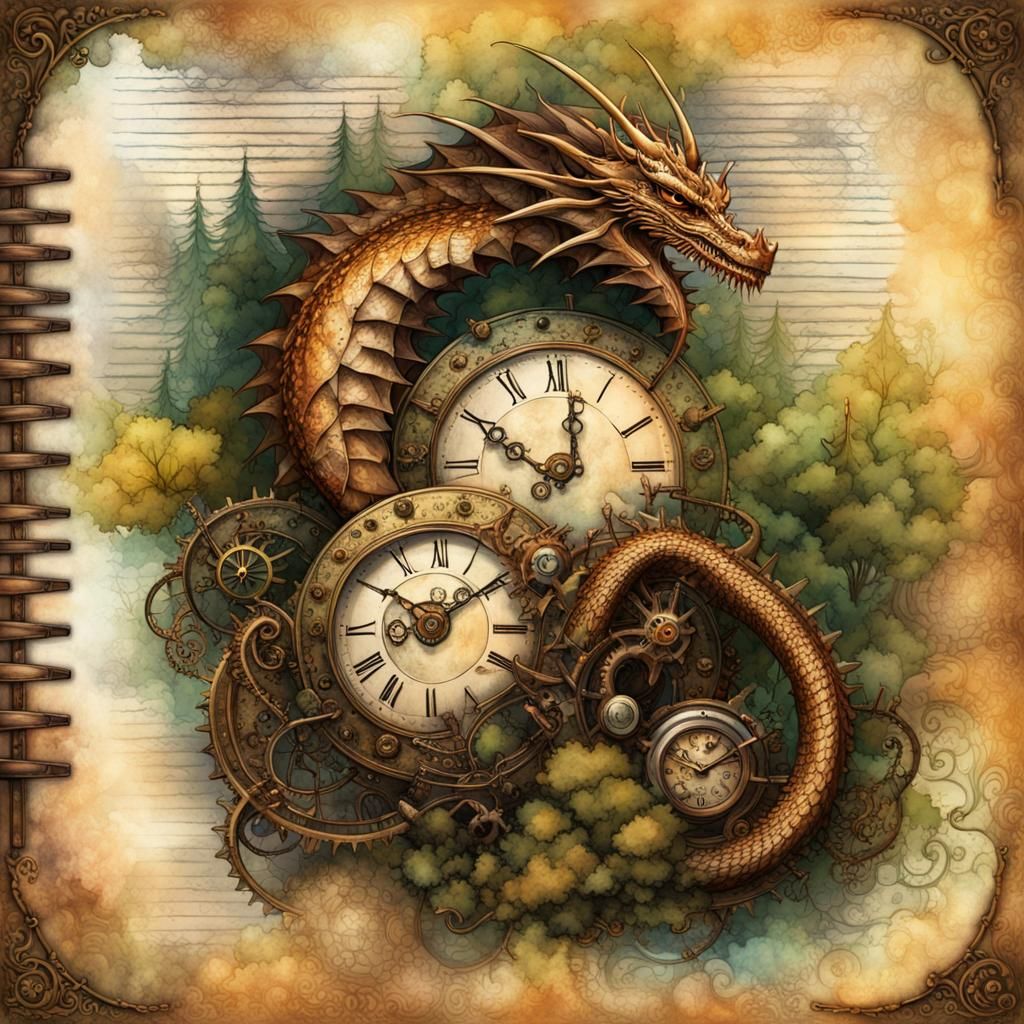 Steampunk Dragon Page with Clock and Forest