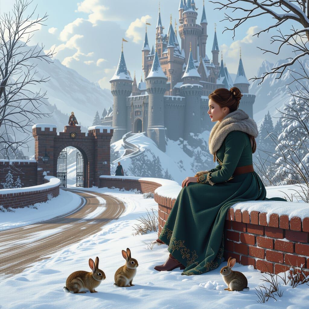 Thoughtful Lady on Brick Wall with Snow-Dusted Lawn