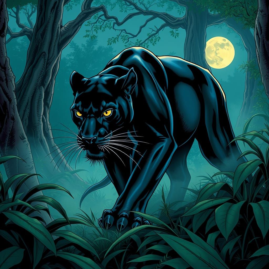 Sleek Panther Emerges from Jungle Underbrush in Comic Book S...