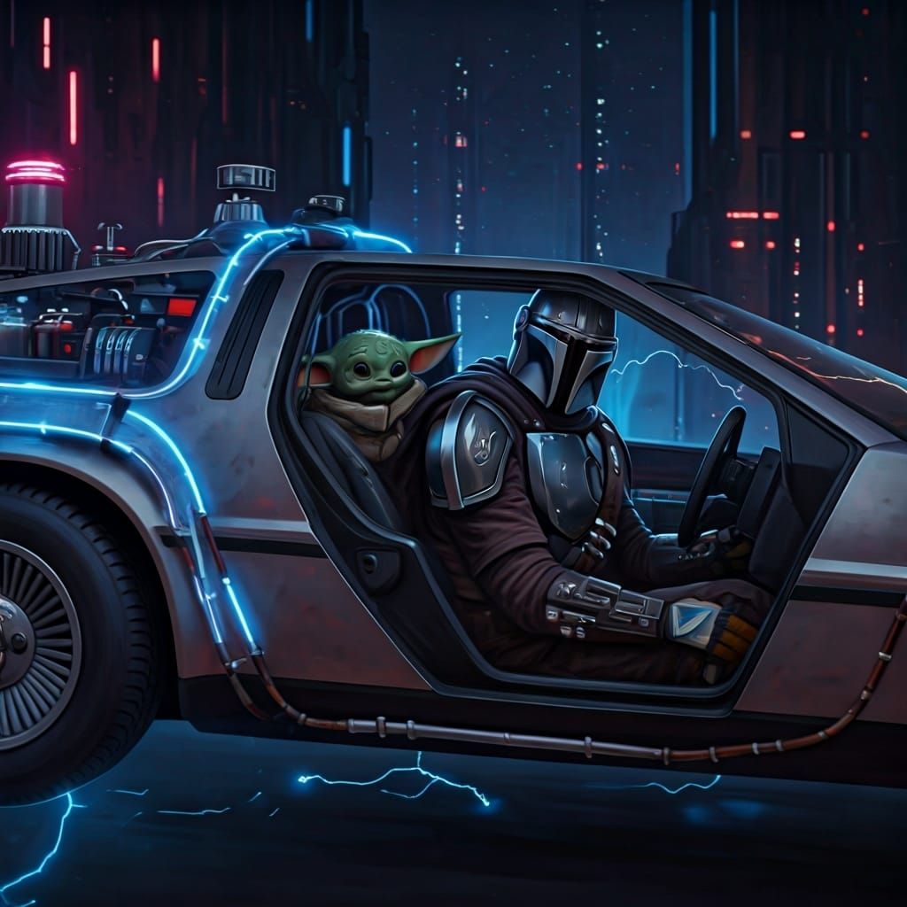 Mandalorian and Grogu in Flying DeLorean Over Coruscant