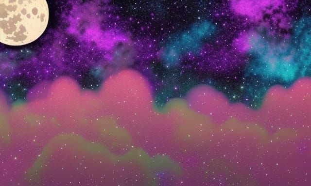 moon, sprawling nebula sky; pink, purple, blue