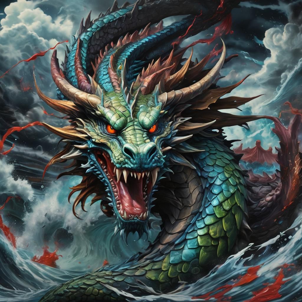 Mythical Earth Dragon Serpent Rising From Stormy Sea
