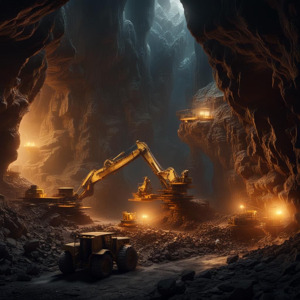 Night Gold Mining in Huge Cave: Digital Matte Painting