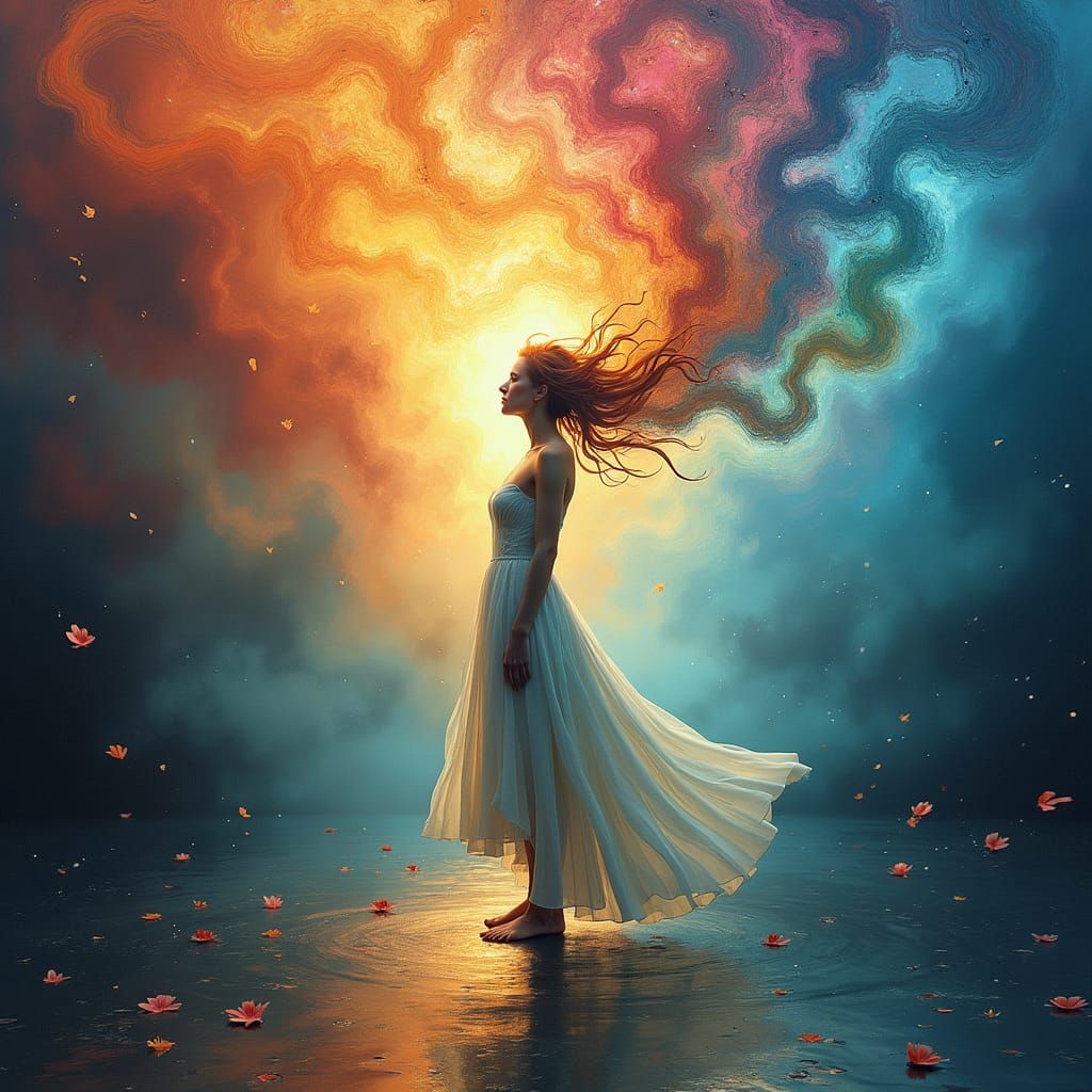 Ethereal Woman in Shimmering Mindscape: A Surrealist Vision