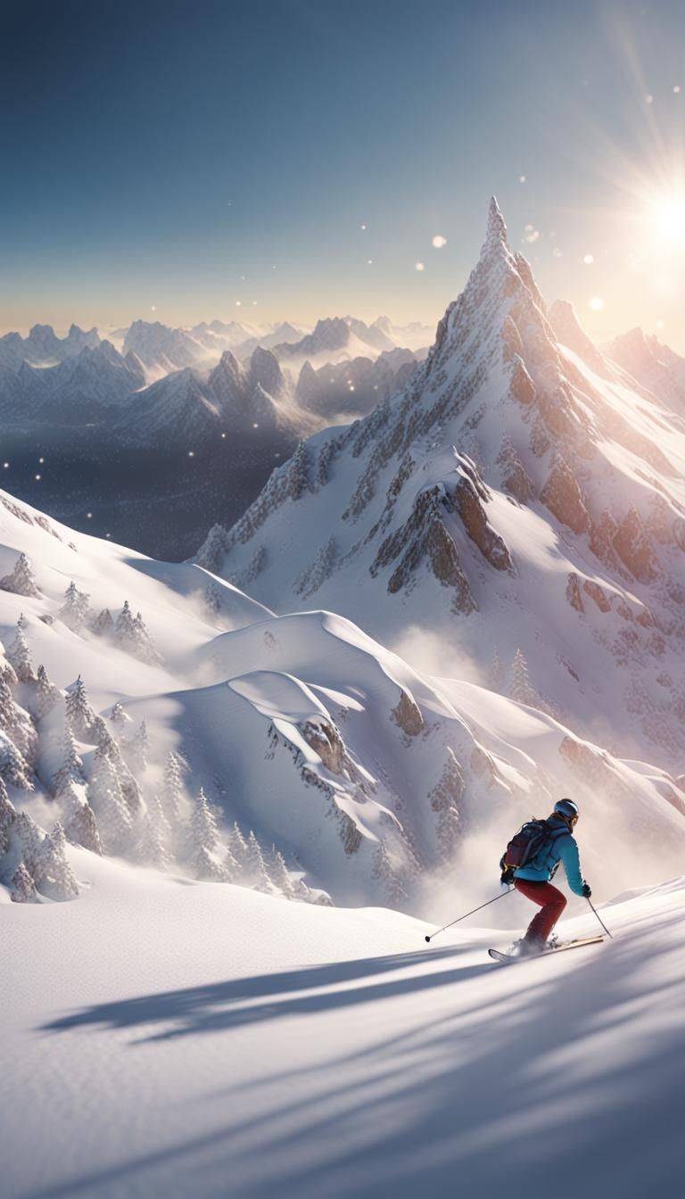 Skis on Snowy Mountain in Detailed Fantasy Art