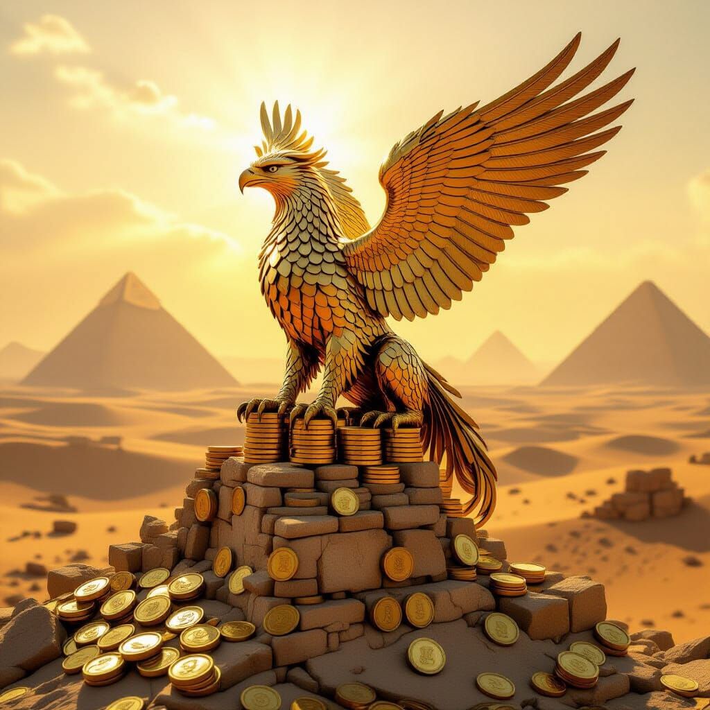 Golden Griffin Sculpture on Ancient Ruin