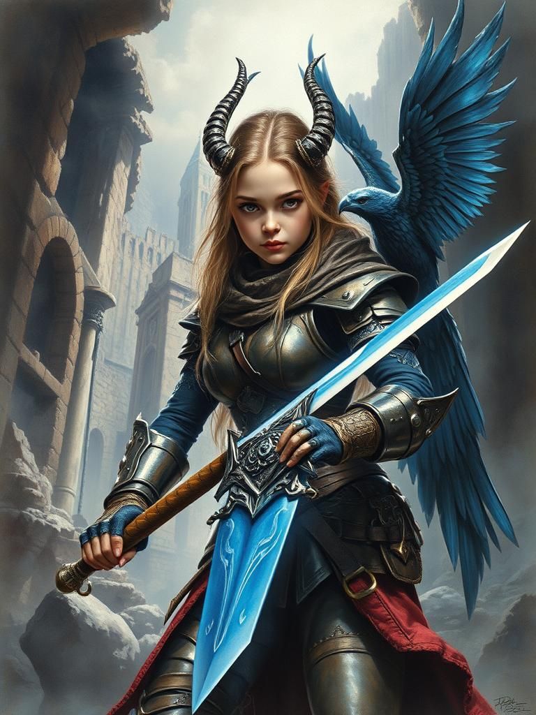 Fantasy Warrior Girl with Dragon Armor and Magic Sword
