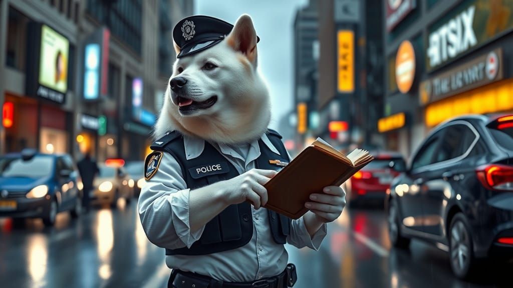 Majestic White Akita Police Officer Issues Parking Tickets i...