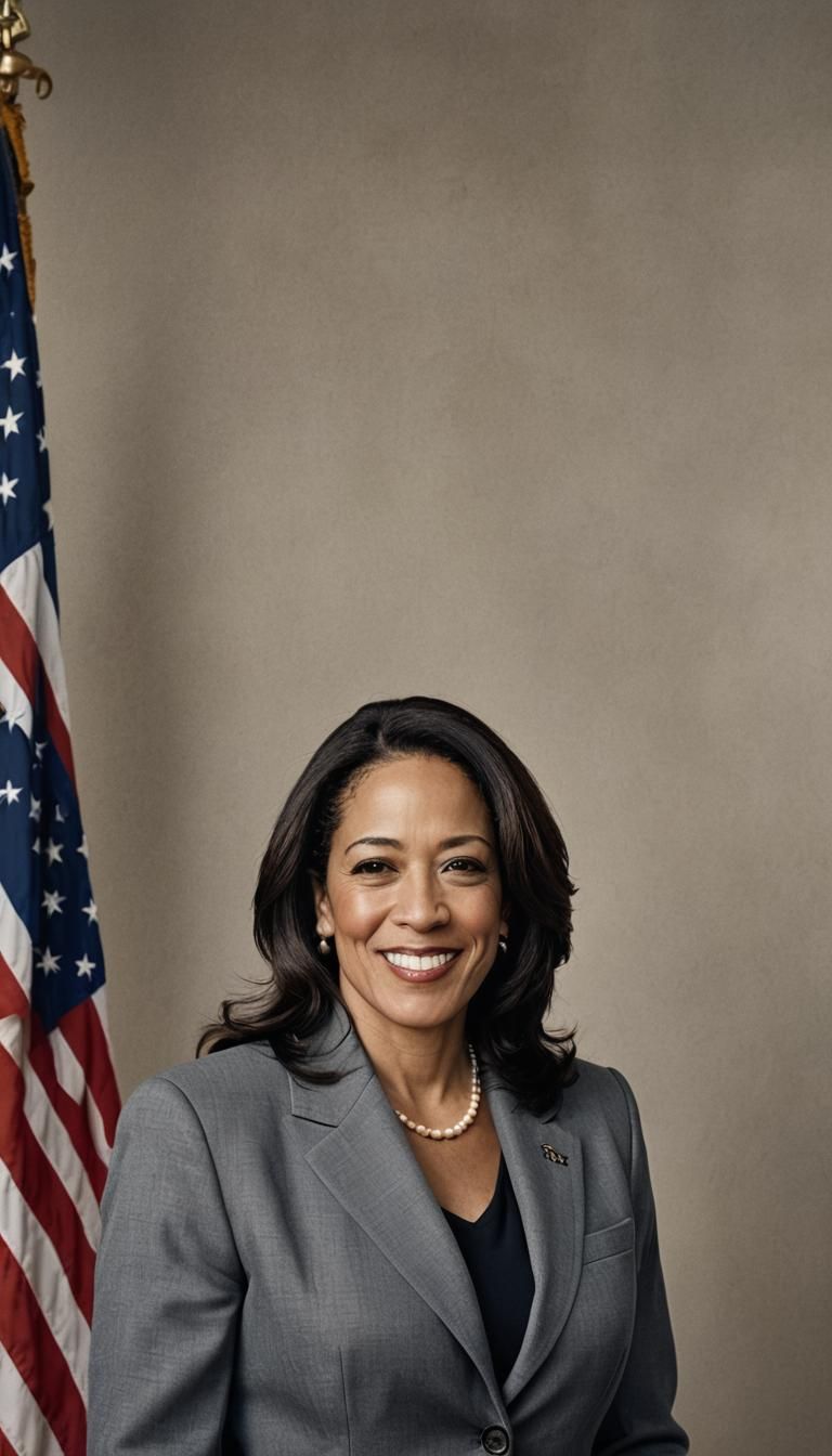 Detailed Portrait of Woman in Suit Before American Flag
