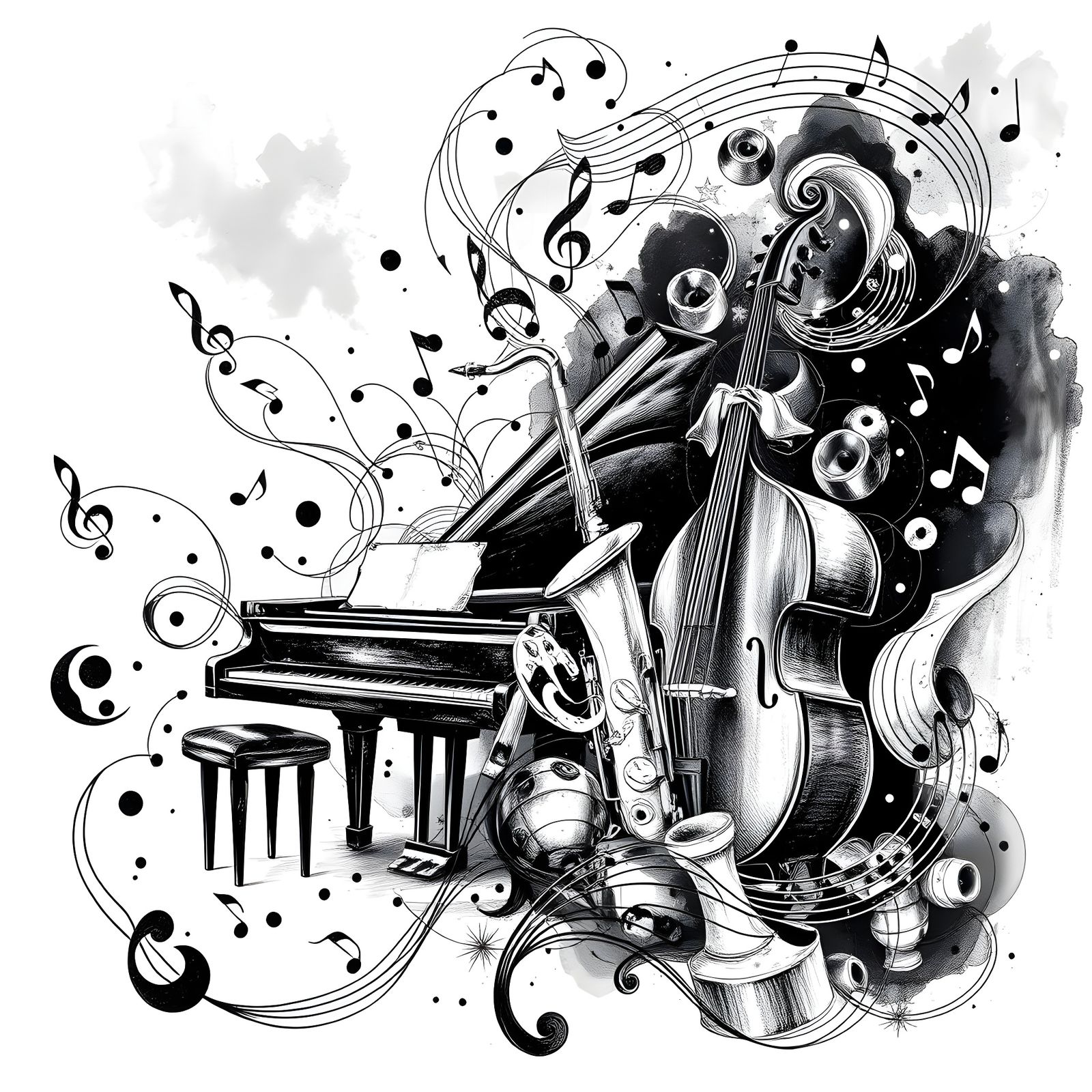 Black and White Jazz Album Cover in Bold Ink Drawing Style