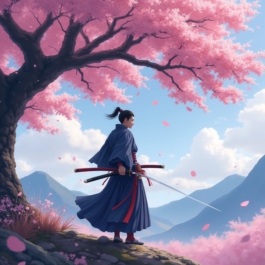 Samurai Training Under Cherry Blossoms in Hyperrealistic Sty...