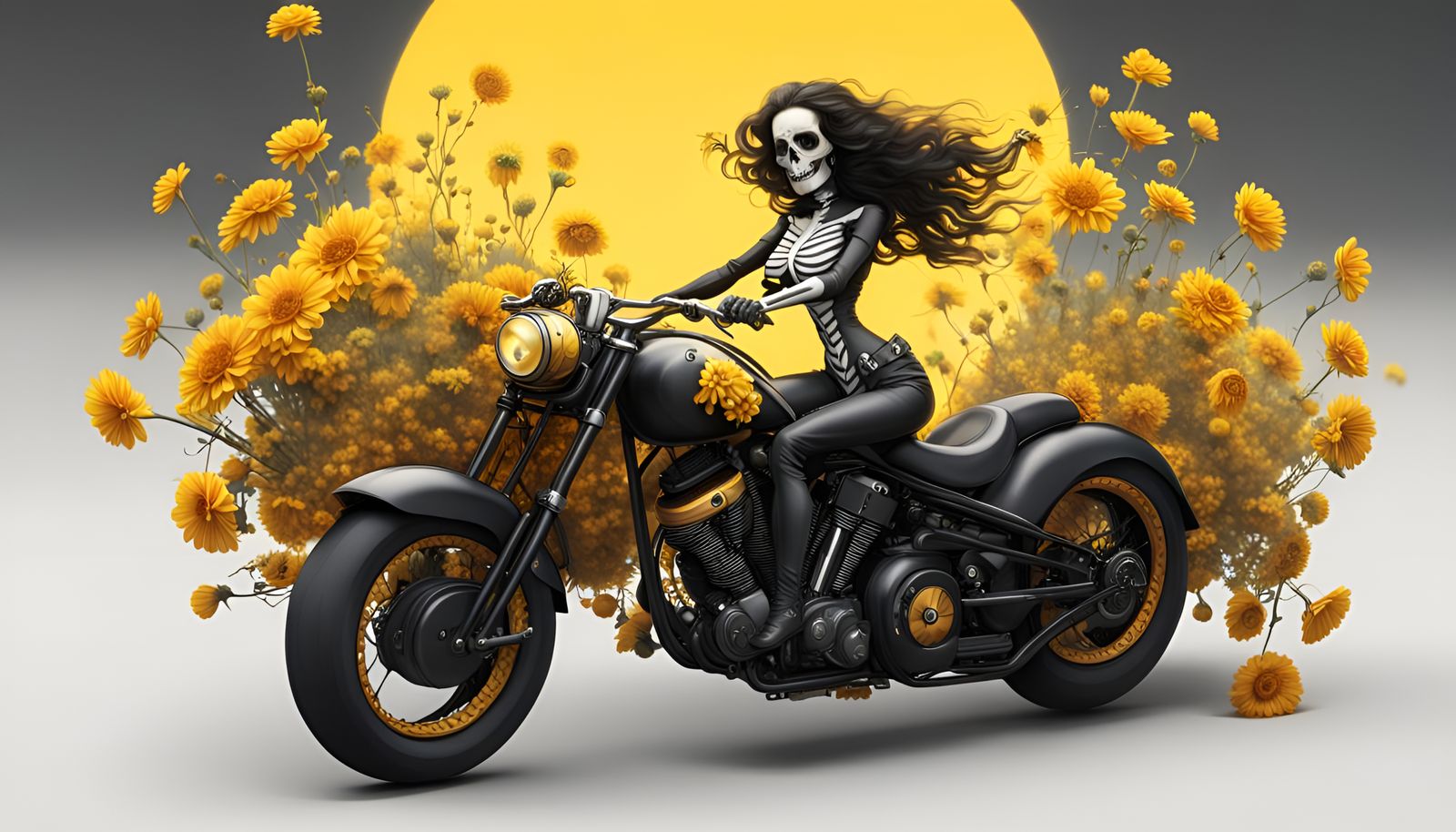 Catrina Skull Rides Motorcycle in Baroque Fantasycore Style