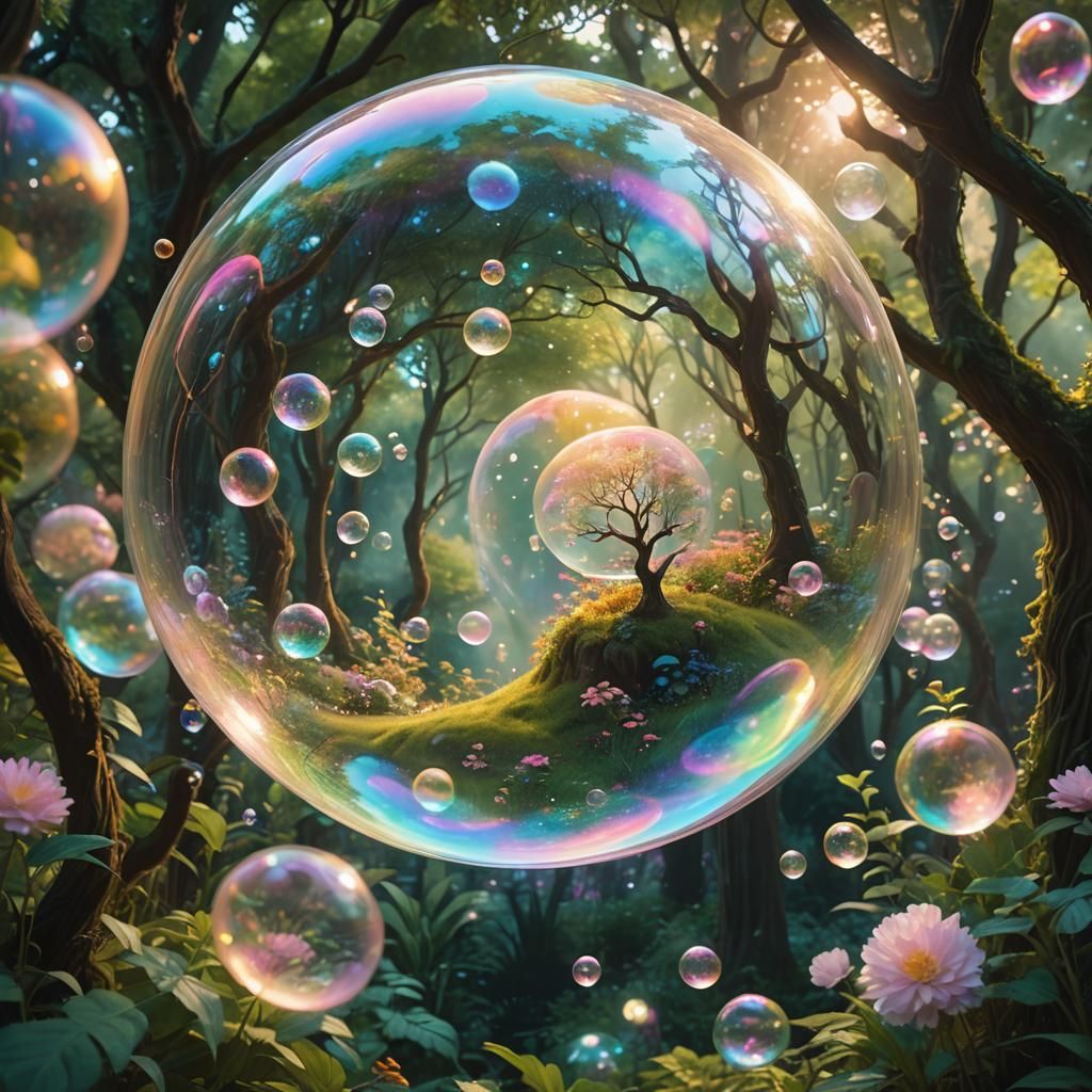 Iridescent Bubble in Lush Foliage, Fantasy Concept Art