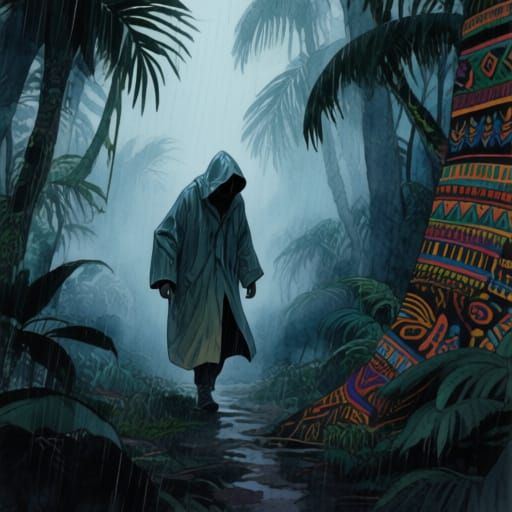 Misty Forest Figure in Watercolor Art Style