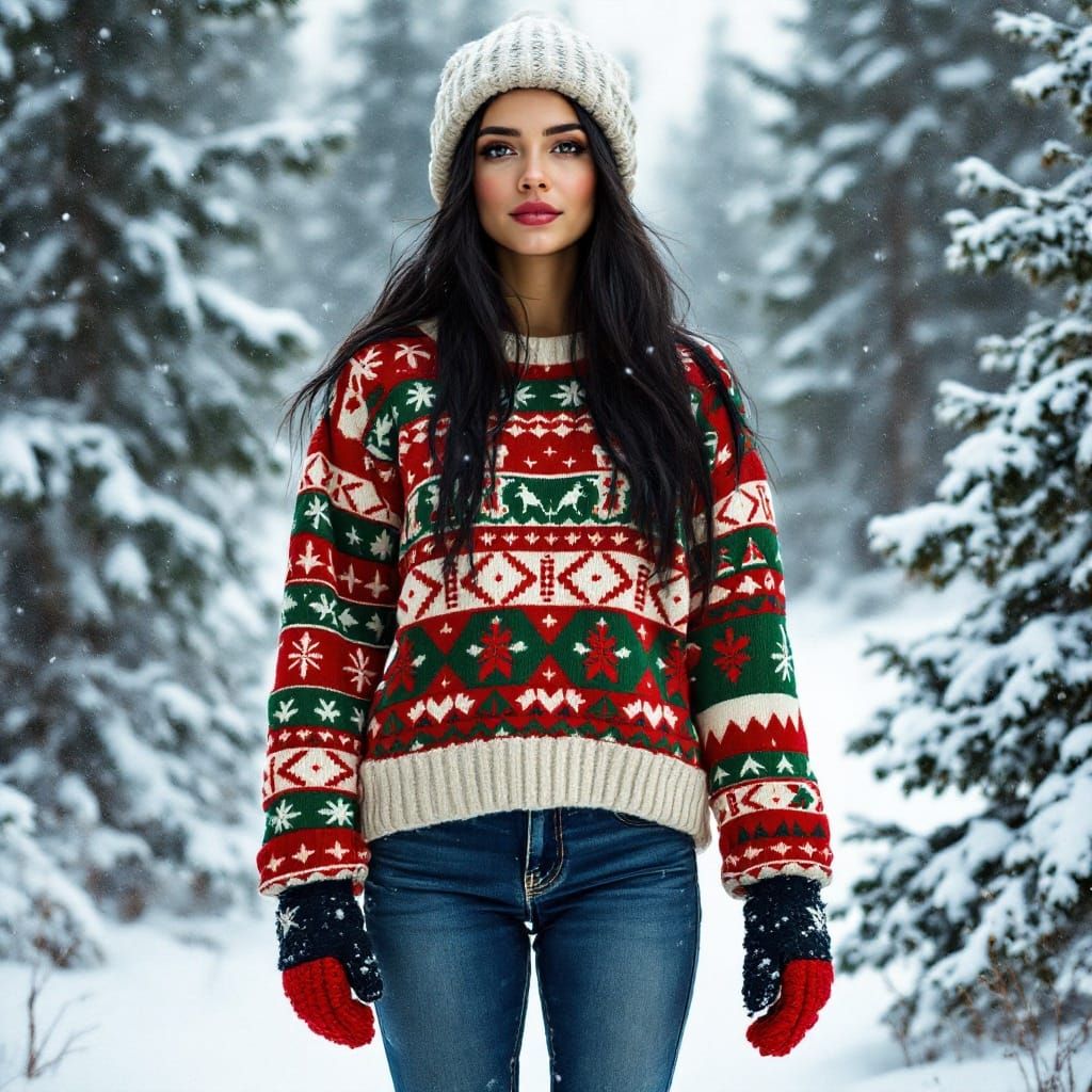 Woman in Christmas Sweater in Snowy Forest
