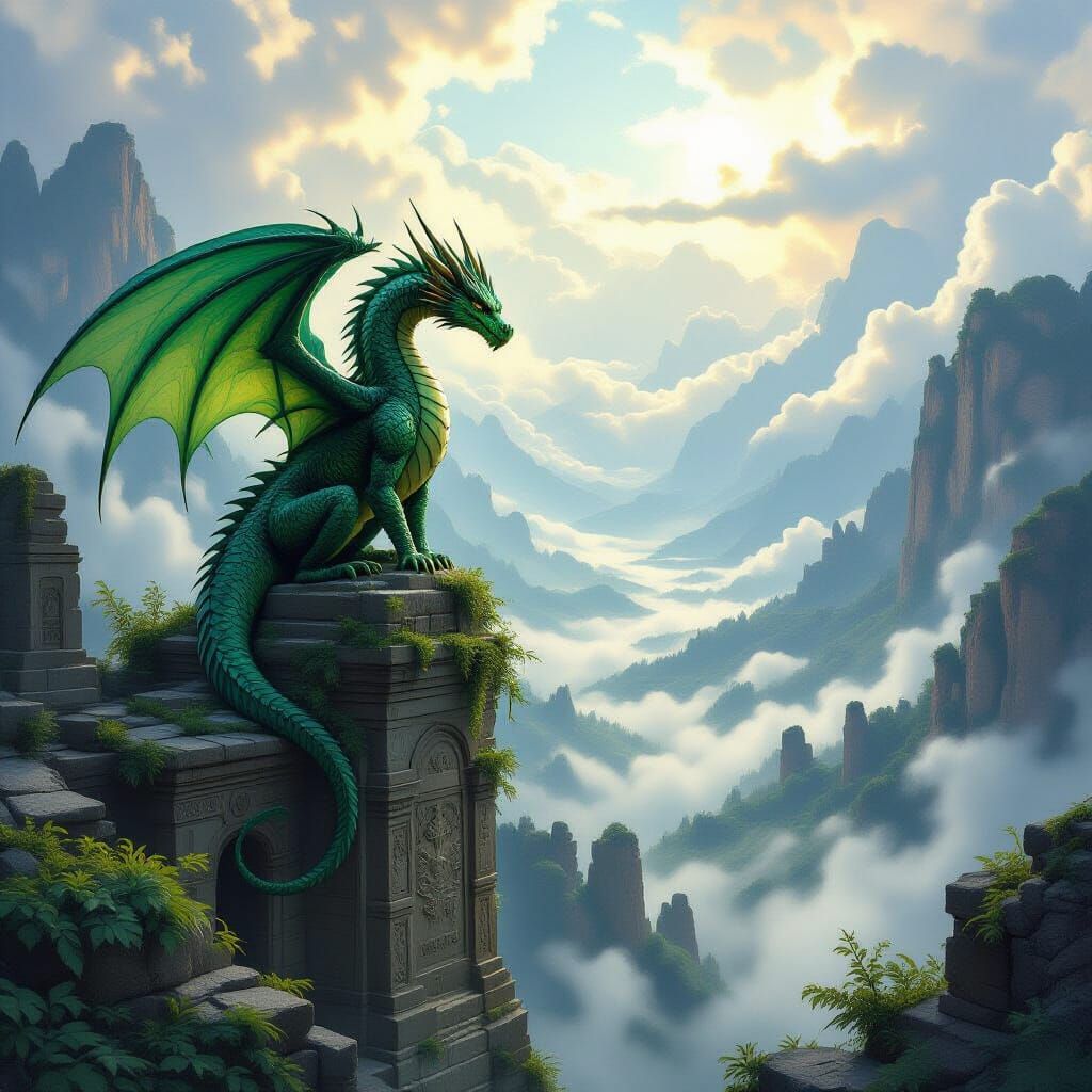 Majestic Dragon Over Misty Valley in Fantasy Concept Art Sty...