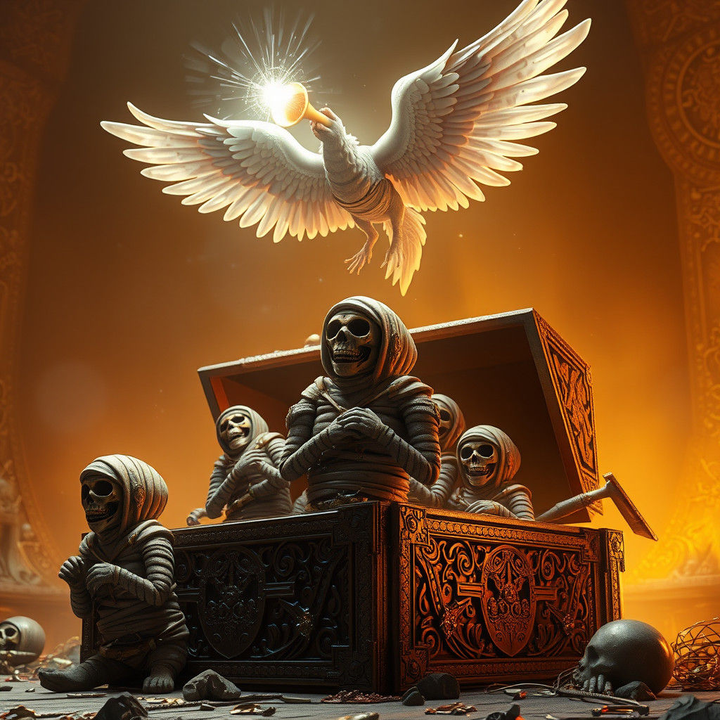 Mummies Awaken as Angel Trumpets in Golden Light