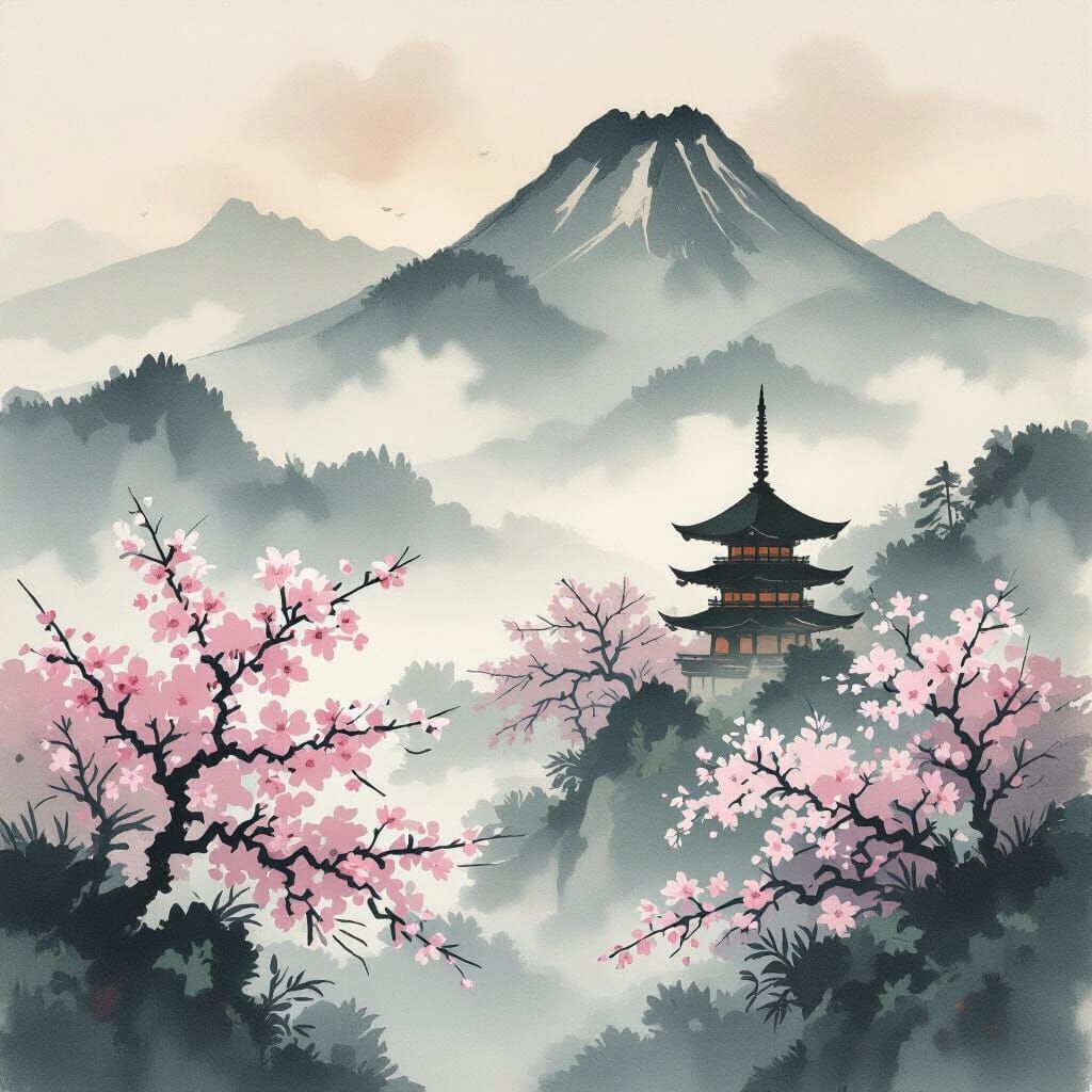 Tranquil Japanese Landscape Painting in Sumi-e Style