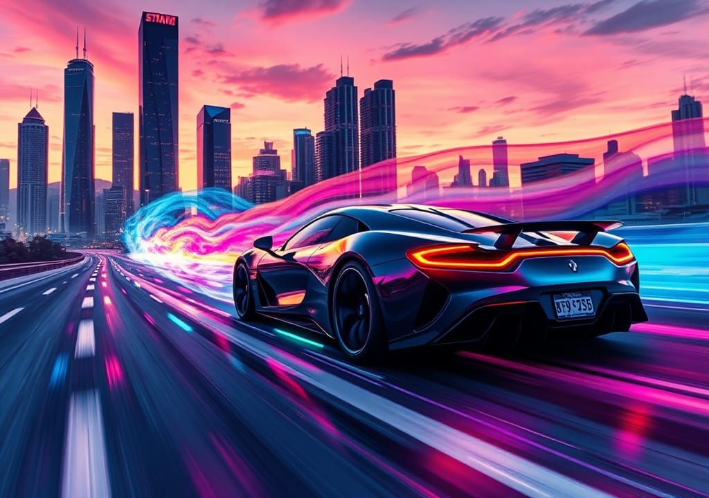 Supercar Speeds Through Neon City as Digital Art