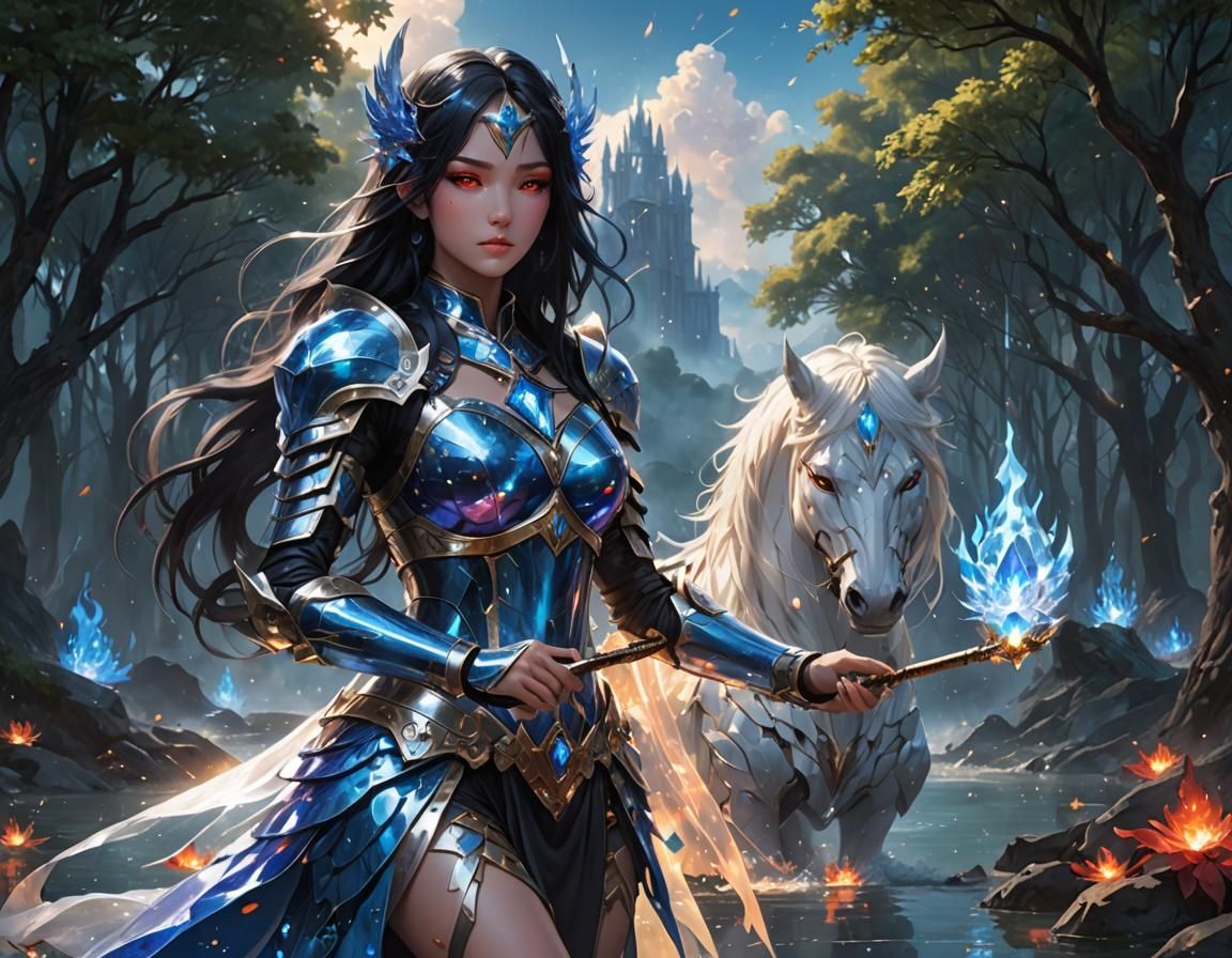 Cosmic Knight Goddess in a Fiery Landscape