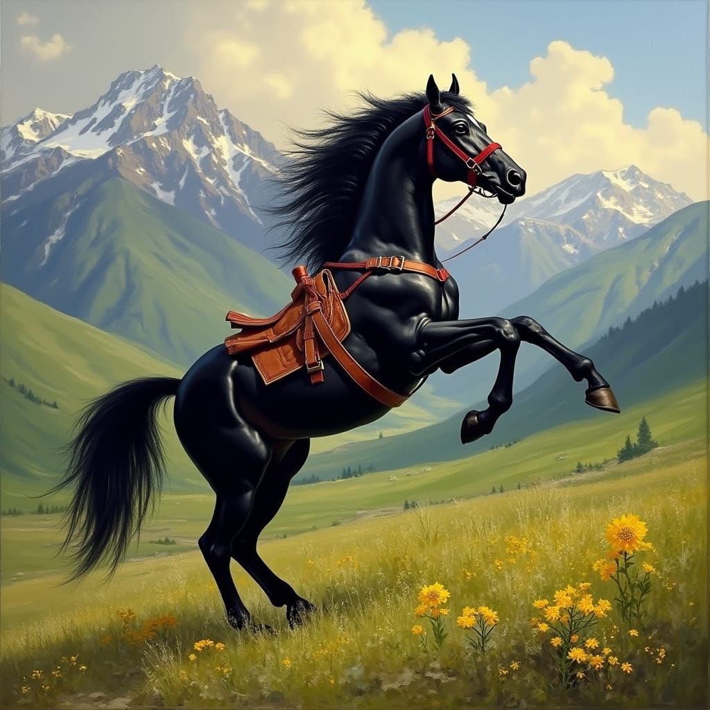 Majestic Black Horse Rearing in Mountain Landscape
