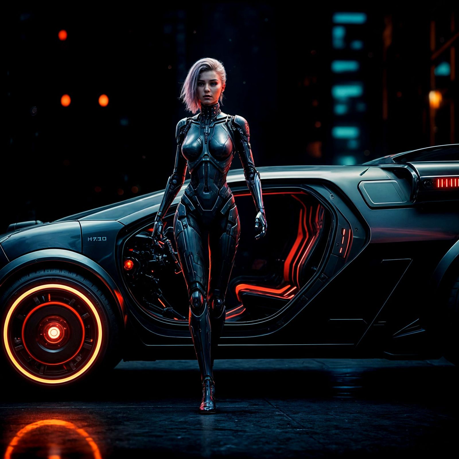 Cyberpunk Cyborg Emerges from Hover Car