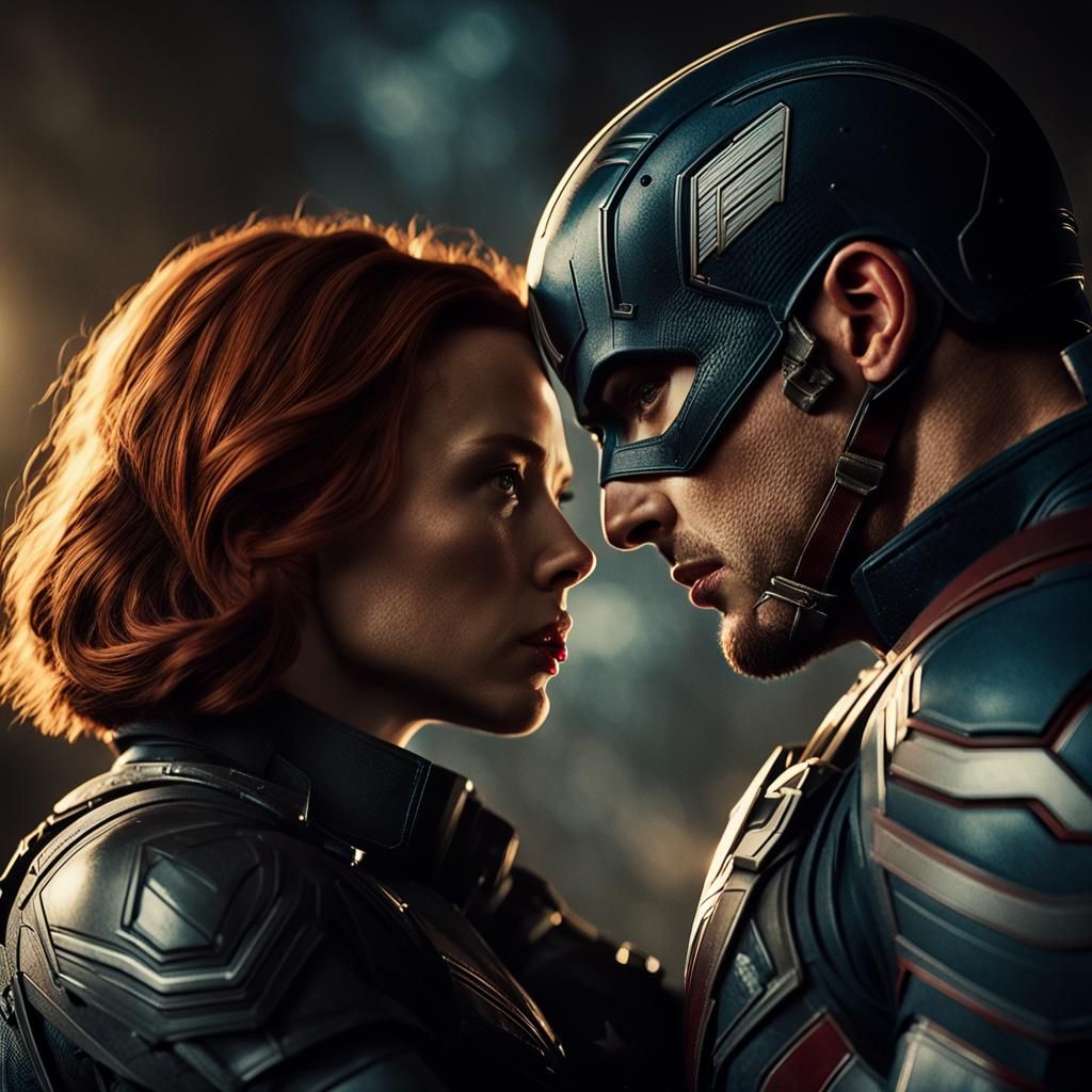 Captain America and Black Widow Embrace: Cinematic Film Stil...