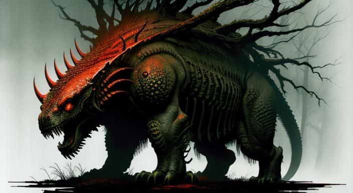 Eerie Dystopian Creature in Dark Forest Illustration