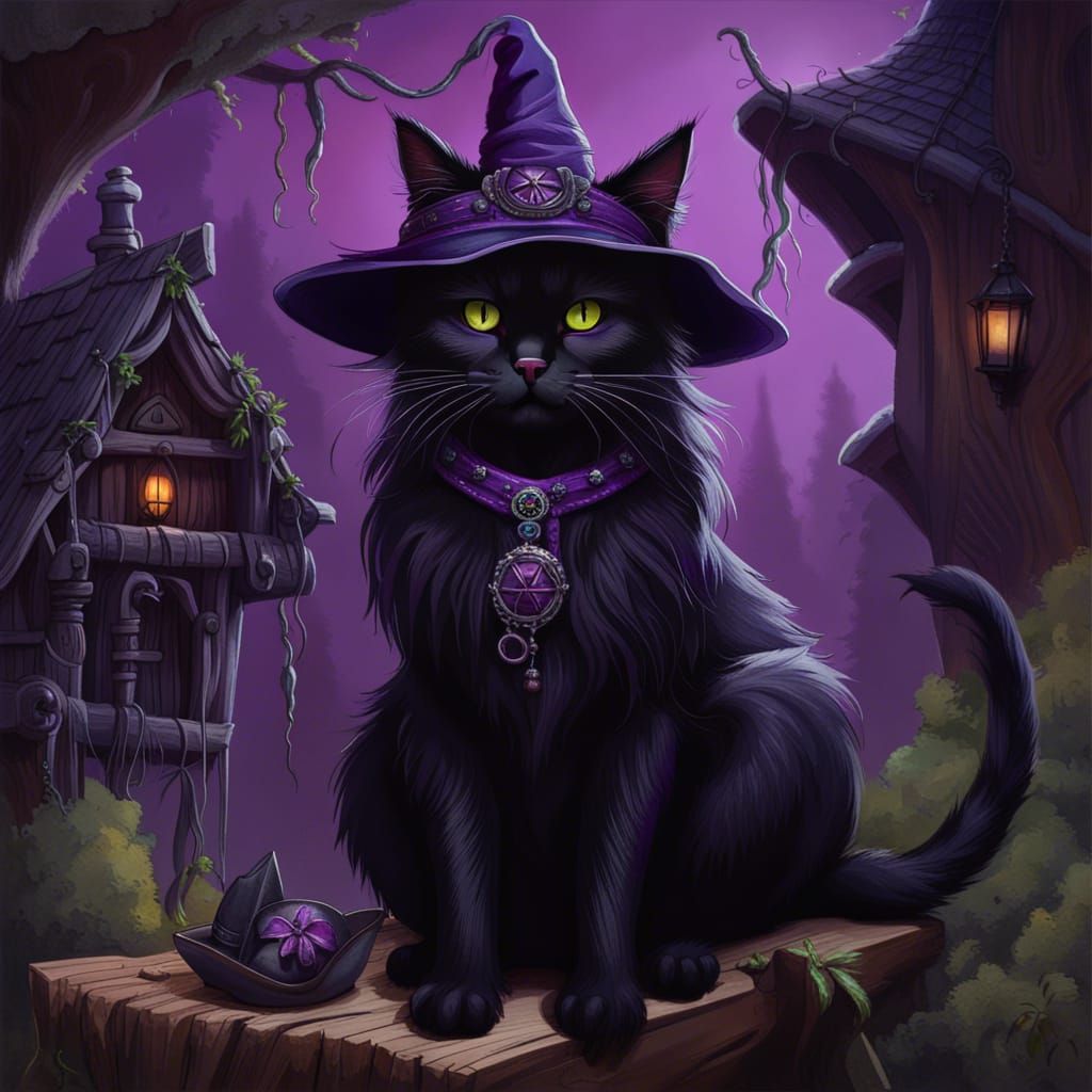 Detailed Cat Witch in Front of Baba Yaga House