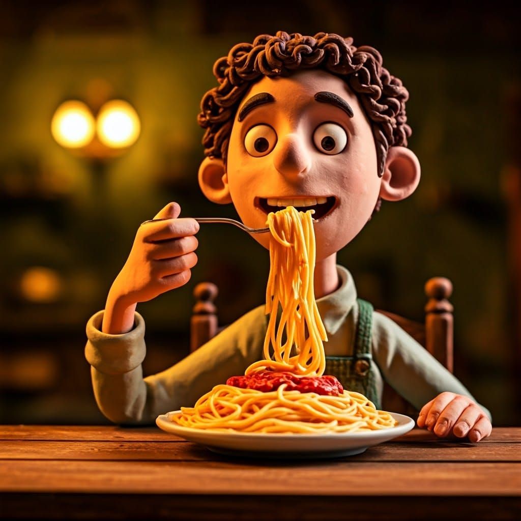 Joyful Spaghetti Devourer in Whimsical Stop-Motion Style