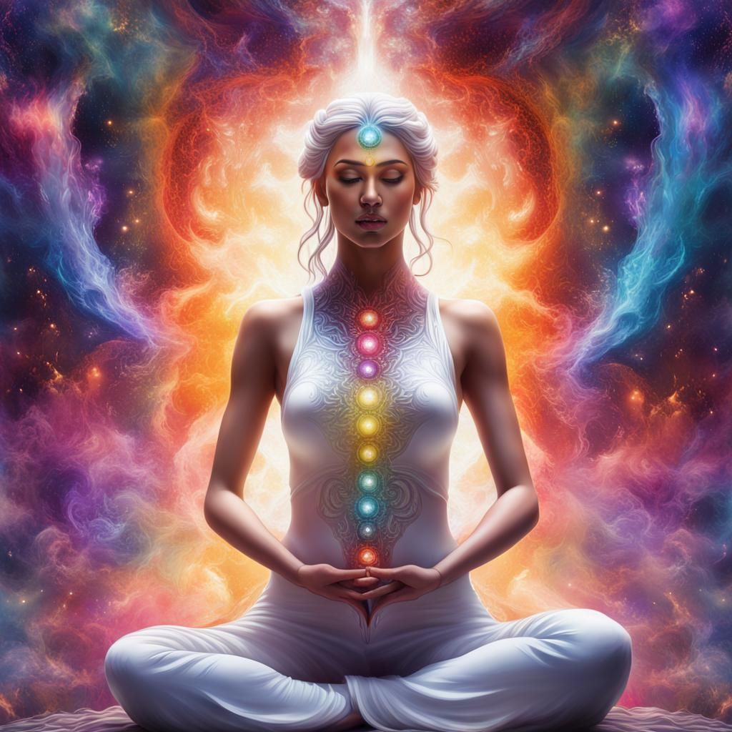 Goddess Meditating in Galaxy: Detailed Digital Art