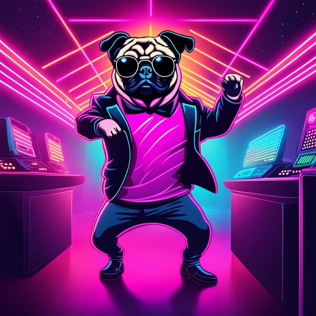 Pug Dances in Synthwave Neon Nightclub
