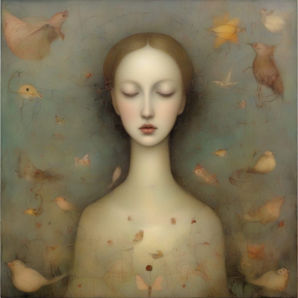 Surrealistic Oil Painting of Melancholic Self-Discovery