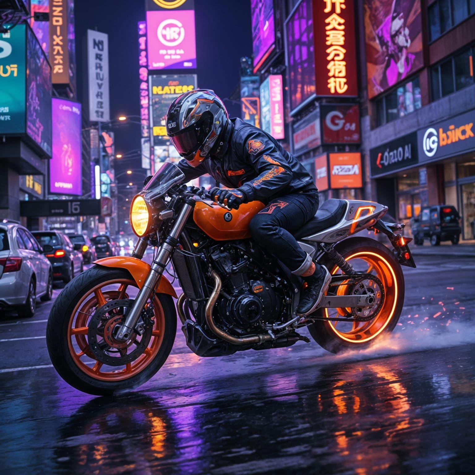 Cyberpunk Night Rider in High-Speed Turn