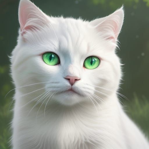 White Cat with Green Eyes in Digital Painting Style