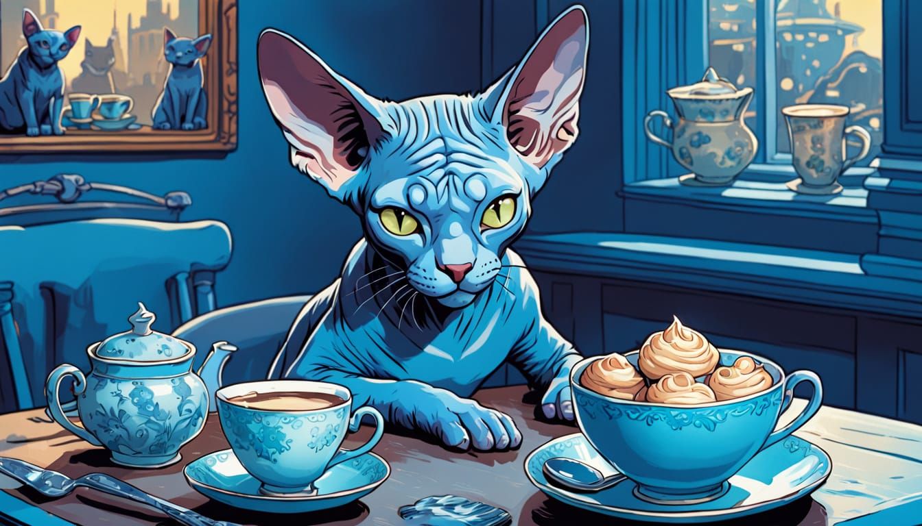 Blue Sphynx Cat's Whimsical Comic Book Tea Party