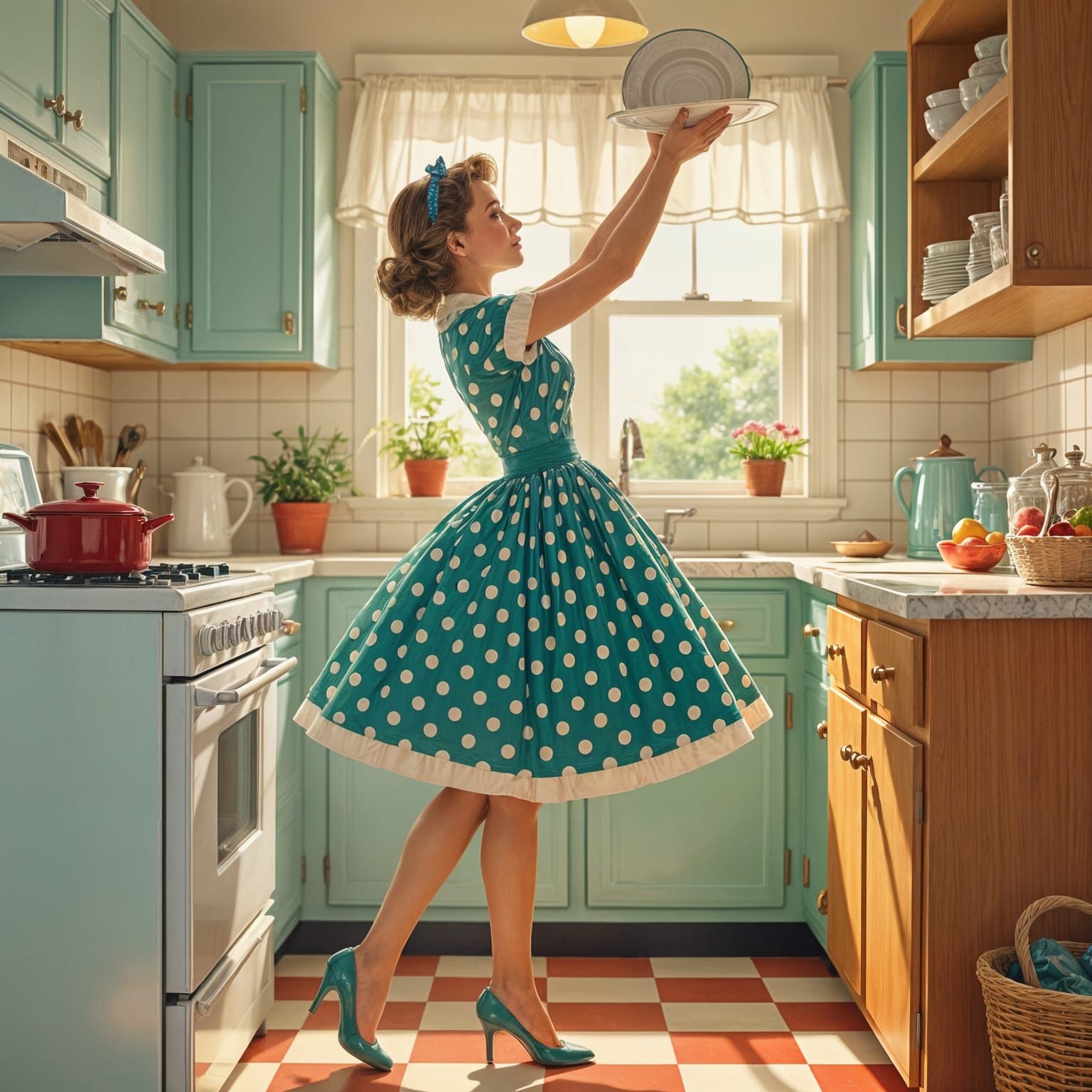 Tradwife Reaching for Plate in 1950s Kitchen
