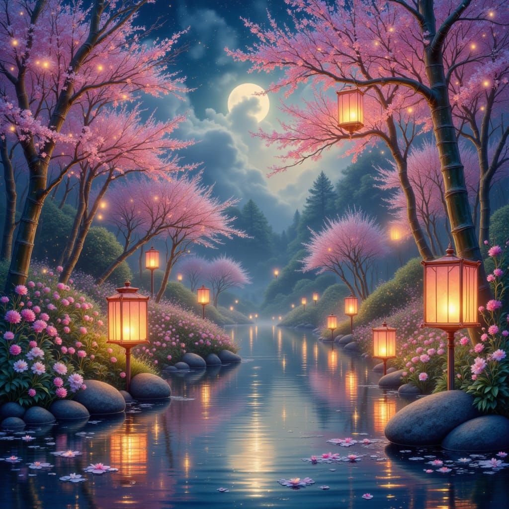 Japanese Garden at Night with Floating Lanterns
