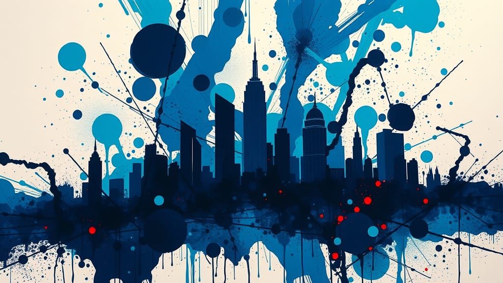 Abstract Ink Splatter Cityscape in Vibrant Colors