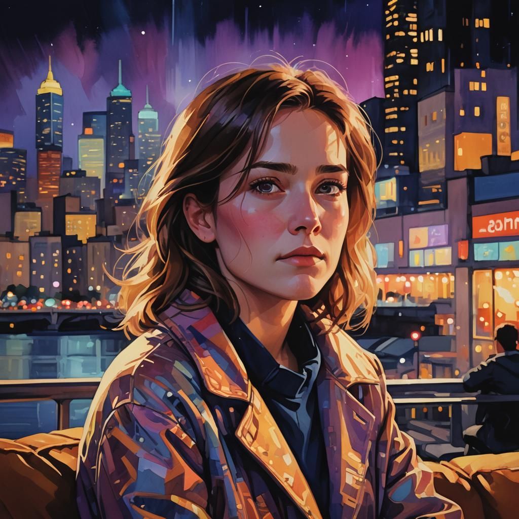 Nighttime Portrait Reflecting City Lights, Anime-Inspired