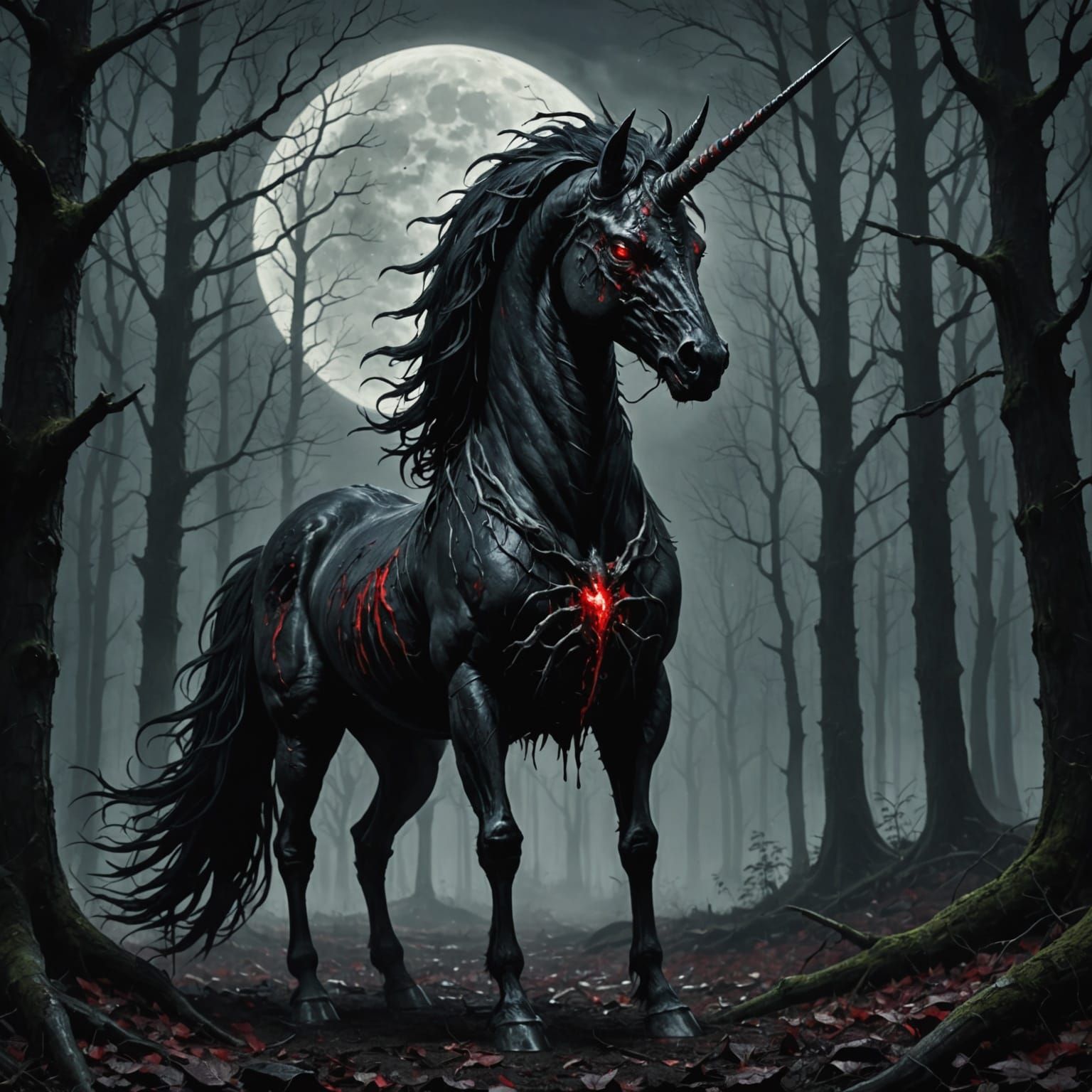 Moonlit Gaunt Unicorn in Dark Forest
