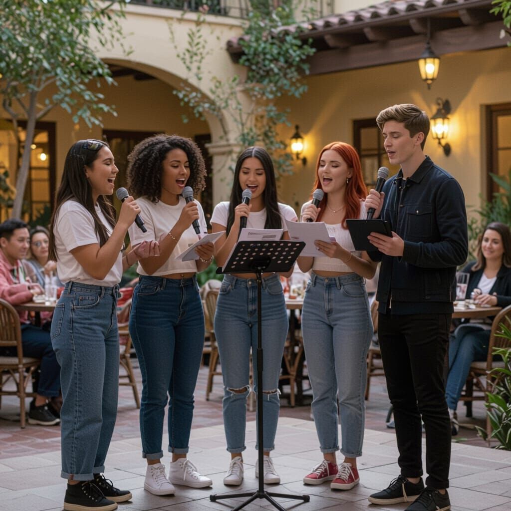 Diverse Teens Sing Karaoke on Stage, Cinematic Film Still