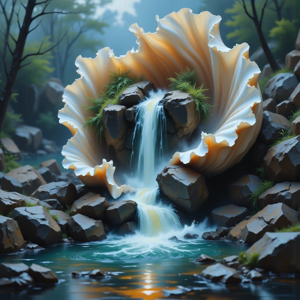Stunning Seashell Landscape with Majestic Waterfall