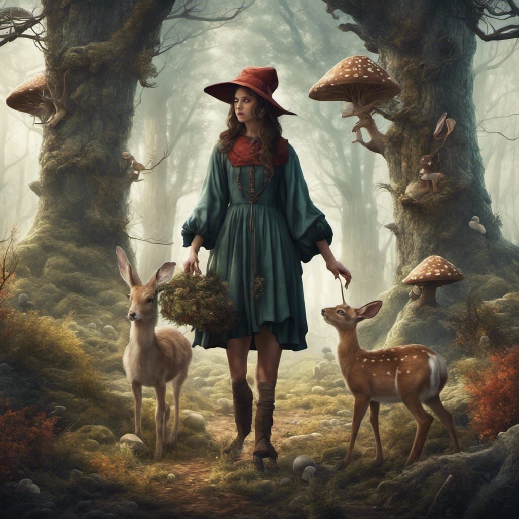 Young Witch in Pine Forest with Deer
