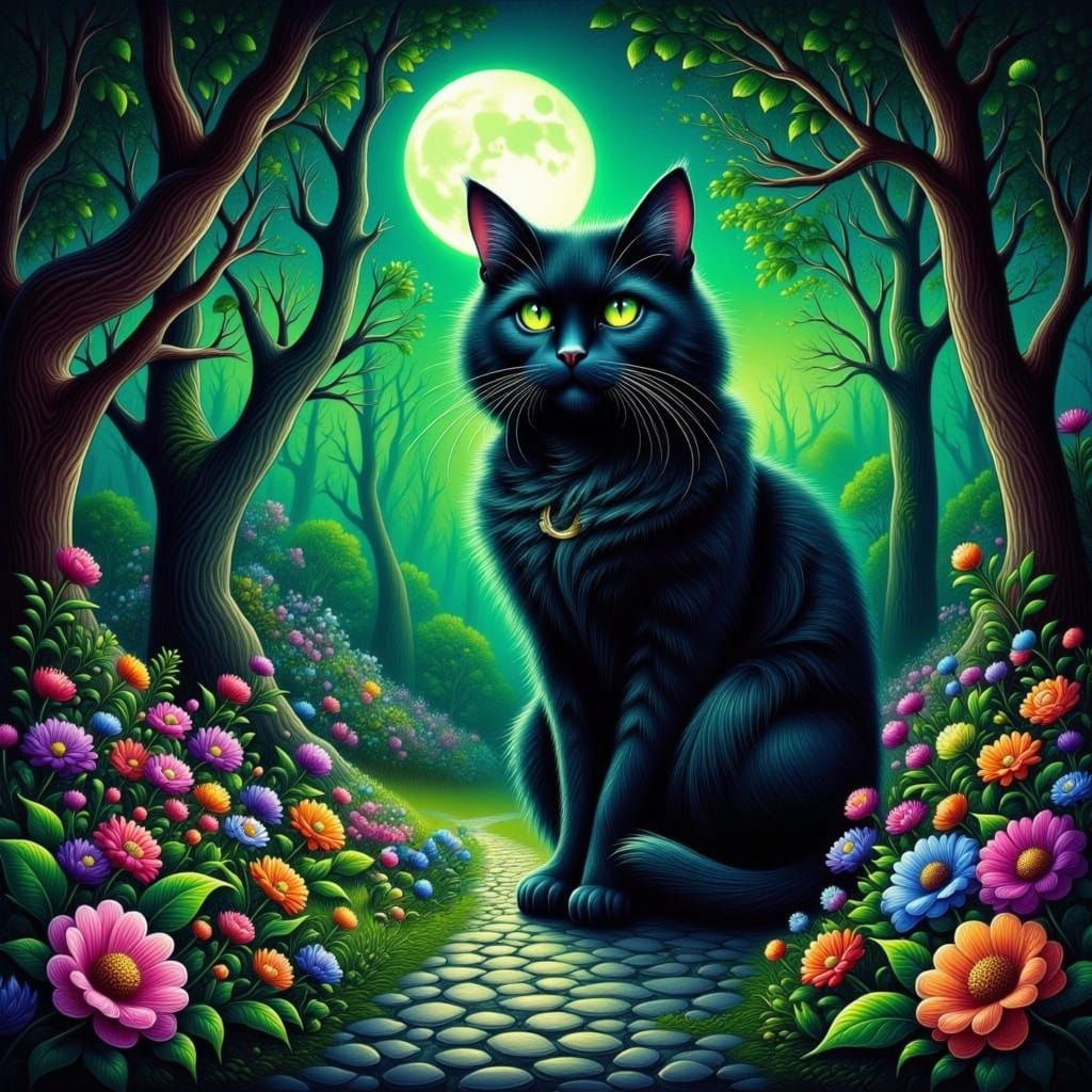Whimsical Gothic Cat in Enchanted Forest under Full Moon